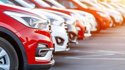 Row of New Red and White SUVs Lined Up in a Parking Lot with Sun Flare. Perfect for automotive sales, car dealership promotions, vehicle financing, or the rental car industry.