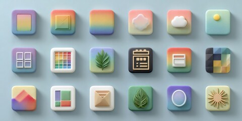 Colorful 3d app icons displaying various concepts