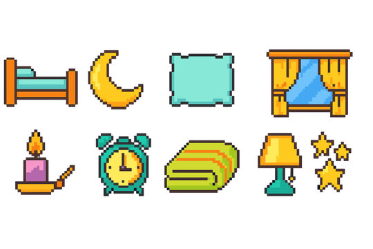 Bedtime essentials pixel art icon set. sleep, comfort, night icons collection.