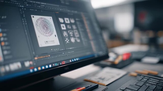 Closeup on a computer screen displaying pattern design software with editable shapes and layered elements foreground tools crisp and workspace subtly out of focus.
