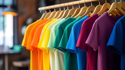 Fototapeta premium Vibrant Rainbow of Blank T-Shirts on Hangers in a Modern Retail Store. E-commerce, apparel design, fashion inventory, or garment industry concepts for retail blogs, online shops, or clothing catalogs.