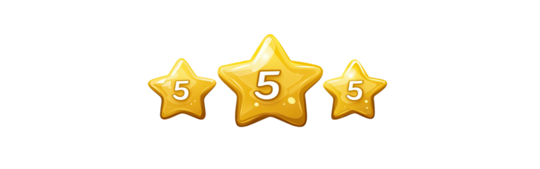 Three glossy yellow stars with the number five on each