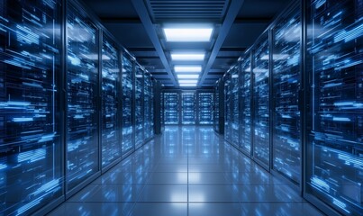 Futuristic Blue Toned Corridor in a Modern High-Tech Data Center with Glowing Server Racks. Ideal for cloud computing, Big Data, digital security, IT infrastructure, or AI concepts.