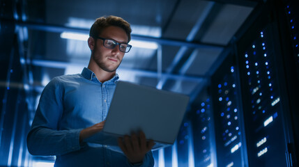 Focused Young IT Engineer Working on a Laptop Between Server Racks in a Modern Data Center. Concept for cloud computing, network security, IT support, or digital infrastructure.