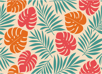 A vibrant seamless tropical pattern featuring colorful monstera and palm leaves in a trendy, retro-style botanical design vector