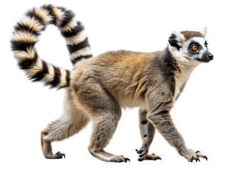 Ring-tailed lemur side view walking isolated studio shot capturing unique wildlife movement and form isolated on transparent background