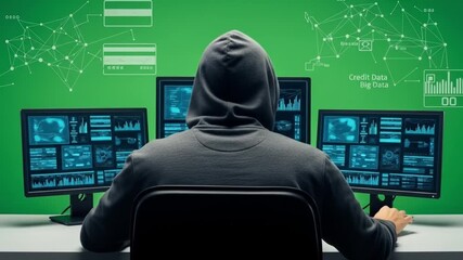 Cybersecurity expert at work, analyzing data on multiple screens, illustrating hacking, data breach, and protection concepts in a modern setting - Powered by Adobe