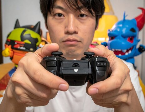 Focused gamer holding a controller