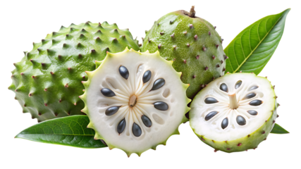 Fresh soursop fruit with slices and water droplets isolated on black for tropical healthy eating and natural organic food concepts isolated on transparent background
