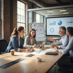 Obraz premium Office Meeting with Four People, Charts, and Whiteboard