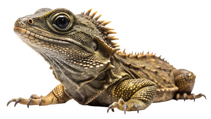 Obraz premium Close-up detailed studio portrait of a tuatara reptile showing its unique skin texture and spiky dorsal crest against a plain backdrop isolated on transparent background