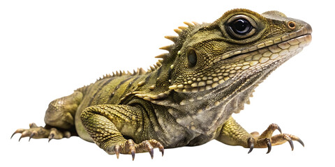 Obraz premium Detailed studio portrait of a tuatara reptile showing unique scaly skin and spiky dorsal crest isolated isolated on transparent background