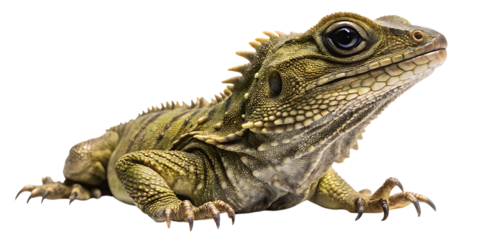 Detailed studio portrait of a tuatara reptile showing unique scaly skin and spiky dorsal crest isolated isolated on transparent background