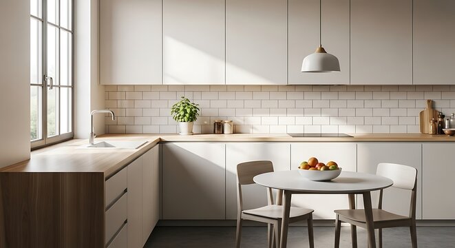 Bright, minimalist kitchen featuring white flat-panel cabinets, light wood countertops, subway tile backsplash