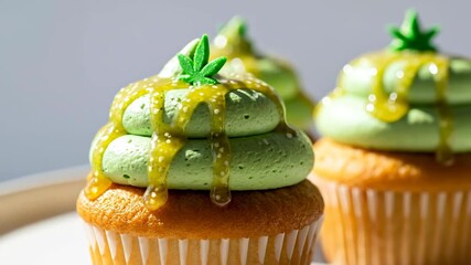 Cupcake with green frosting and dripping glaze and hemp leaf decoration, sweet dessert food for cannabis culture related event footage