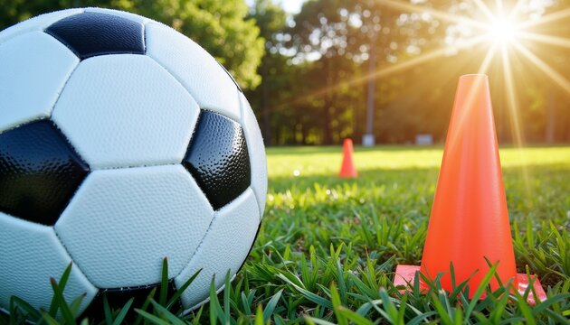 Soccer ball on grass field near training cones with sunlight