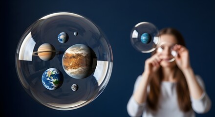 Planets enclosed in big water droplets floating in the air with a woman in the background watching a bubble with her eyes