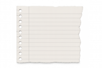 Torn lined paper sheet with punch holes, ripping edges, blank space for notes, transparent background