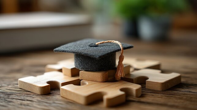 Graduation Cap on Wooden Puzzle Pieces in a Cozy Study Environment
