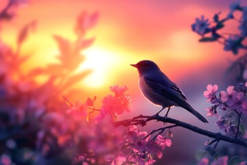 Fototapeta premium Bird sitting on a cherry blossom branch, bathed in the warm, colorful glow of a spring evening or morning sunrise