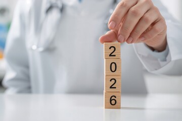 Doctor Stacking Wooden Blocks Representing Healthcare Planning and Medical Goals for the Year 2026 in a Clinical Setting