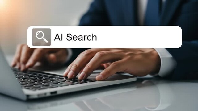 Professional in suit using laptop to conduct AI search, concept of modern technology, innovation, and data analysis for business
