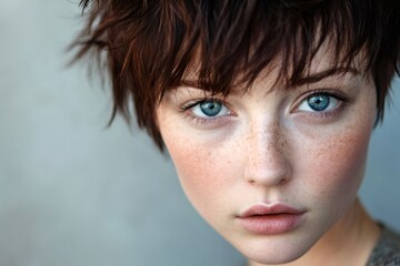 Young woman with a shaggy pixie haircut and a direct gaze. Her face features prominent freckles and striking blue eyes