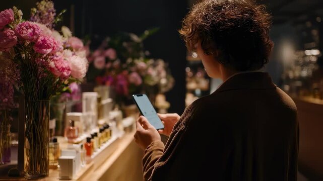 Medium shot capturing a customer interacting with an AIpowered fragrance app the floral scent category glowing prominently while the rest of the scene remains out of focus.