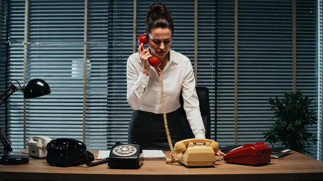 Shocked businesswoman talking on the phone in a retro office with multiple telephones on her desk, looking surprised and overwhelmed by calls vector illustration