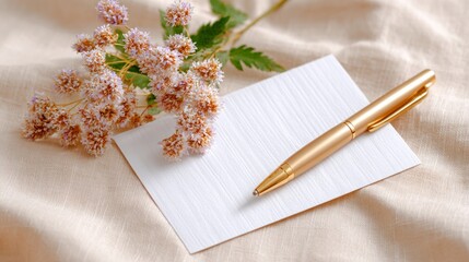 Blank folded card with a gold pen and delicate flowers on a soft fabric background, creating a serene and inviting atmosphere for personal notes or messages