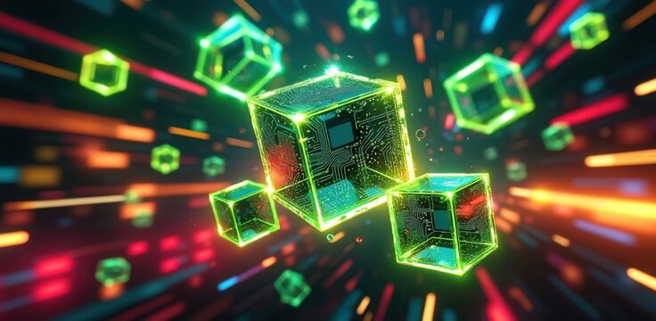 Abstract geometric shapes with neon glow in digital space