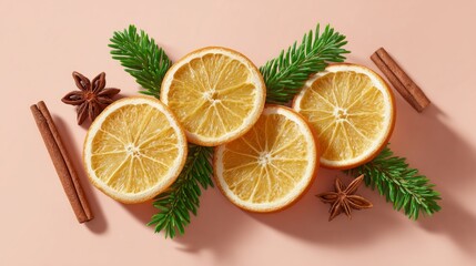 Dried orange slices arranged with cinnamon sticks and star anise on a soft pastel background, creating a warm and inviting flatlay composition for seasonal decor
