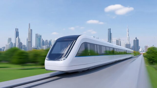 High-speed levitating train gliding through a modern cityscape, showcasing futuristic design and technology, with vibrant greenery along the tracks and a clear blue sky - Powered by Adobe