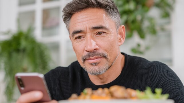 Latino man is focused on his smartphone while sitting at a table with a bowl of food, showcasing a casual dining atmosphere and modern lifestyle choices