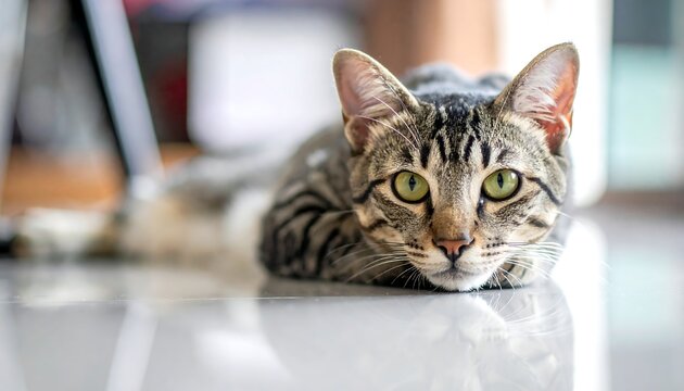 Gray tabby cat resting on floor