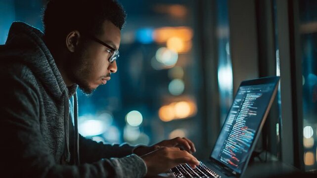 IT specialist performing penetration testing on a laptop analyzing network vulnerabilities in a controlled office environment.