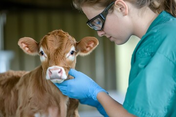 Veterinarian in scrubs and safety glasses wearing blue gloves and carefully examining a young brown calf's jaw