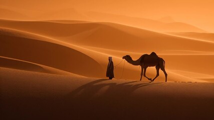 A nomad and their camel journey across rolling sand dunes, captured as a dramatic silhouette against the warm, golden light of a desert sunset.