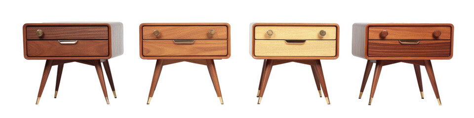 Four wooden nightstands varying in wood tone arranged in a row