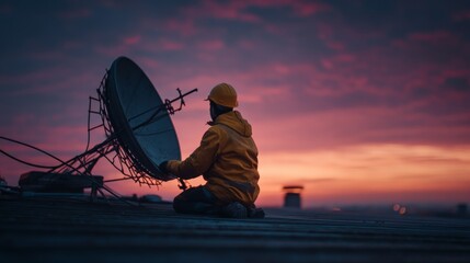 Worker in Yellow Jacket Adjusts Satellite Dish Against Vibrant Sunset Sky