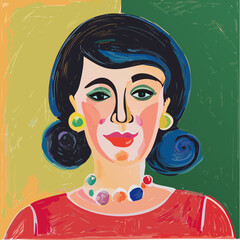 Colourful portrait of black haired woman wearing red top, colourful necklace and earrings