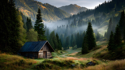 Small wooden cabin in valley covered by soft morning mist 