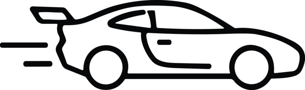 Racing sports car speeding icon, black outline stroke illustration, high-performance vehicle with large spoiler, dynamic speed lines, automotive design element.