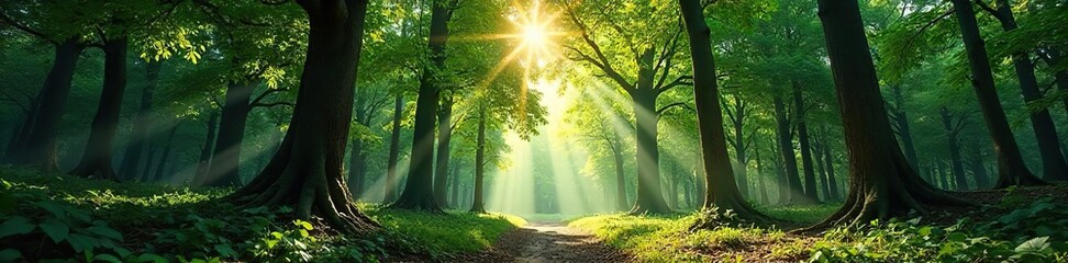 Obraz premium Sunlit Forest Canopy Intricate Branches Reaching Towards the Sky, Creating Dappled Light and Shadow on the Peaceful Forest Floor