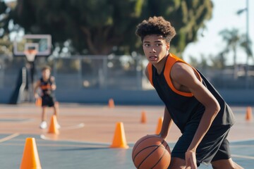 Young male athlete practicing basketball dribbling on an outdoor court. He is focused on improving his skills and agility