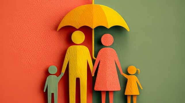 Colorful Paper Cutout Family Under Umbrella on Split Background Design