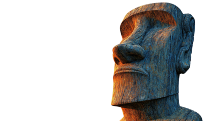 Stone Moai head gazes, textured surface catches warm, dramatic lighting
