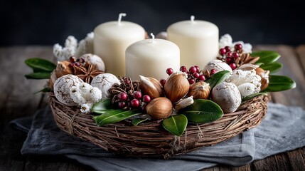 Rustic centerpiece with white candles and decorative natural elements.