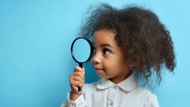 Curious young girl looking through a magnifying glass with a big eye. Playful child searching and investigating on a blue background. Education and discovery concept