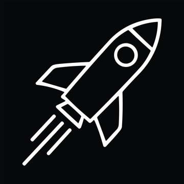Simple Black and White Line Art Rocket Launch Icon Vector Illustration, Business Startup Innovation Success Boost Speed Technology Progress Concept Symbol, Space Travel.